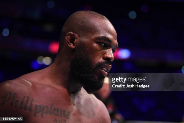 Jon Jones enters the octagon in his UFC light heavyweight championship fight during the UFC 239 event at T-Mobile Arena on July 6, 2019 in Las Vegas,...