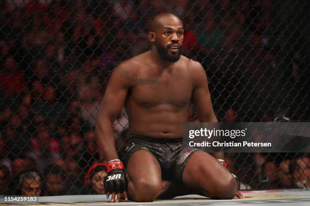 Jon Jones waits in his corner prior to his UFC light heavyweight championship fight during the UFC 239 event at T-Mobile Arena on July 6, 2019 in Las...