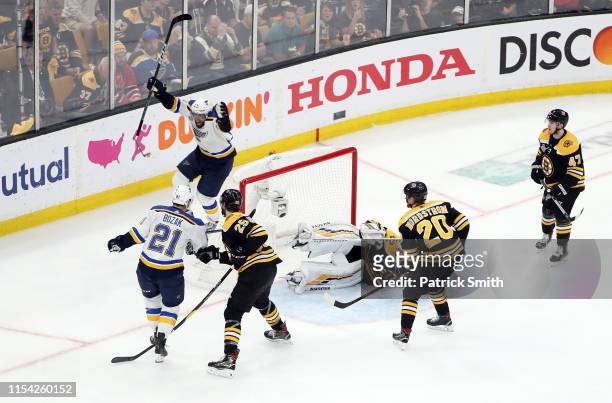 David Perron of the St. Louis Blues celebrates his third period goal against Tuukka Rask of the Boston Bruins in Game Five of the 2019 NHL Stanley...