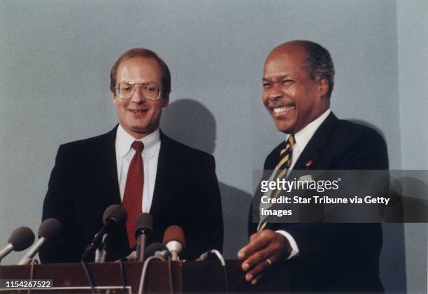 Congressman Vin Weber, RMinn, and US Sec. Of Health and Human Services Louis Sullivan are shown at a press conference 09/17/90 at the Holiday Inn in...