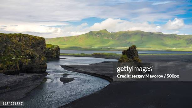 landscape of dyrholaey cape, volcanic sand beach south iceland - vik stock pictures, royalty-free photos & images