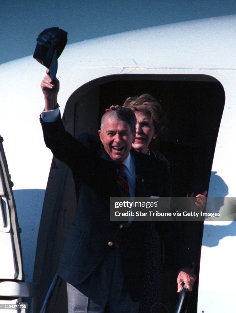 As former President Ronald Reagan prepared to take off from the Rochester, Minn., airport, he tipped his baseball cap to the crowd, revealing his half-shaved head. Reagan had undergone brain surgery at Mayo Clinic in Rochester.