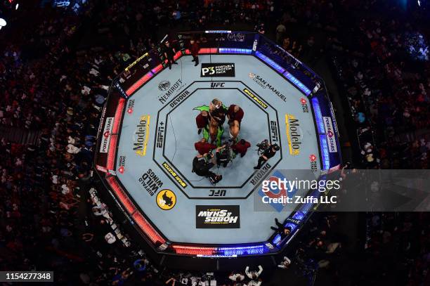 An overhead view of the octagon while Jon Jones and Thiago Santos of Brazil face off during the UFC 239 event at T-Mobile Arena on July 6, 2019 in...