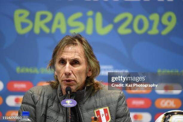 Ricardo Gareca head coach of Peru during the press conference ahead of the Copa America Brazil 2019 Final match between Brazil and Peru at Maracana...