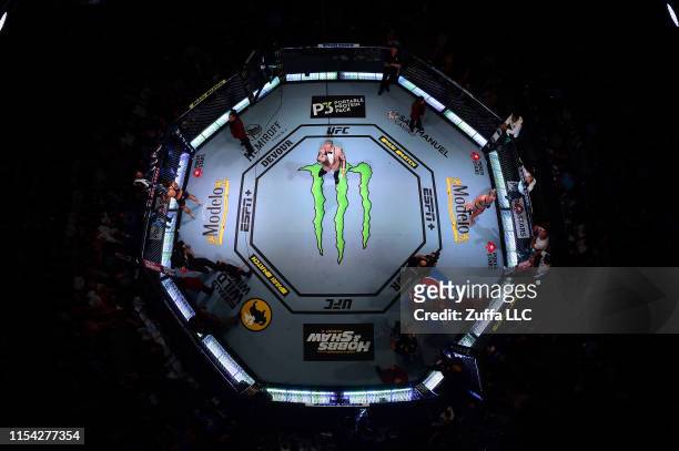 An overhead view of the octagon while Bruce Buffer announces Amanda Nunes of Brazil and Holly Holm during the UFC 239 event at T-Mobile Arena on July...