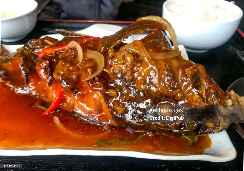Chinese style braised fish close up, black rockfish