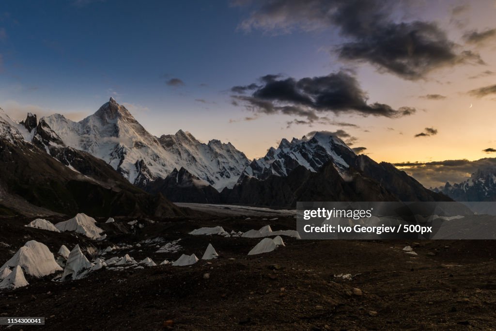 Masherbrum Peak And Baltoro Glacier At Sunset