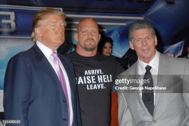 Donald Trump, Steve Austin and Vince McMahon during Donald Trump and WWE News Conference for WrestleMania 23 at Trump Tower in New York City, New...