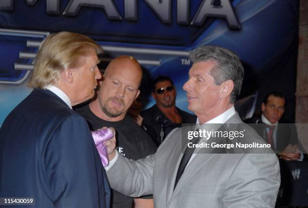 Donald Trump, Steve Austin and Vince McMahon during Donald Trump and WWE News Conference for WrestleMania 23 at Trump Tower in New York City, New...