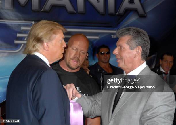 Donald Trump, Steve Austin and Vince McMahon during Donald Trump and WWE News Conference for WrestleMania 23 at Trump Tower in New York City, New...