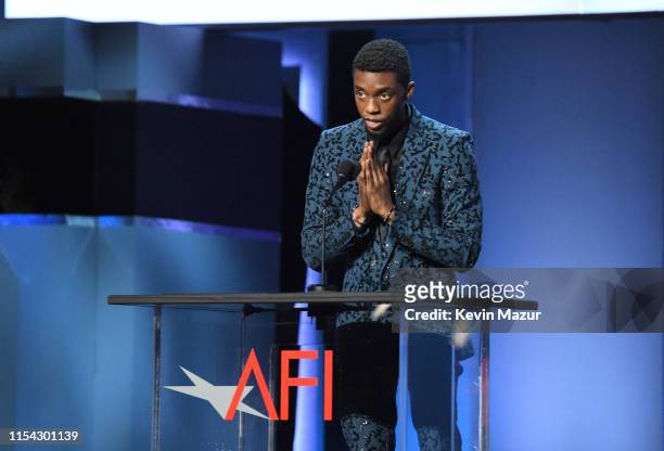 Chadwick Boseman speaks onstage at the 47th AFI Life Achievement Award honoring Denzel Washington at Dolby Theatre on June 06, 2019 in Hollywood,...