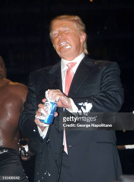 Donald Trump celebrates his victory at Wrestlemania 23 not with a glass of champagne but with a cold can of beer.