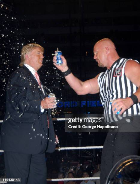 Donald Trump and Steve Austin toast Vince McMahon's head shaving at the hands of Donald Trump with a cold can of beer.