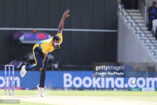 Sri Lanka's Thisara Perera bowling during the ICC Cricket World Cup 2019 match between India and Sri Lanka at Emerald Headingley, Leeds on Saturday...