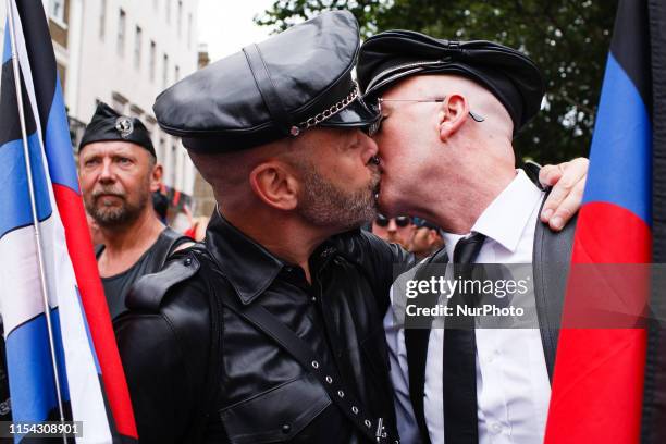 Gay couple kiss at the 2019 Pride parade in London, England, on July 6, 2019. This year marks the 50th anniversary of the 1969 Stonewall riots in New...
