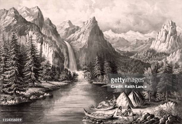 stockillustraties, clipart, cartoons en iconen met yosemite valley, californië - native americans 1800s