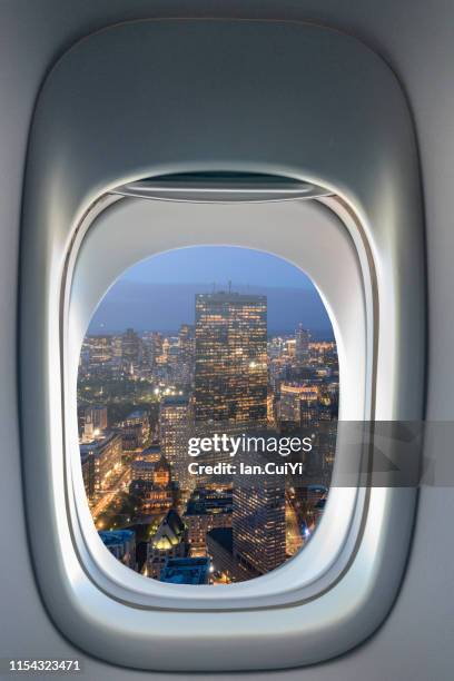 boston cityscape from the skywalk observatory of the prudential center at sunset, boston, massachusetts, united states (dusk) - boston aerial stock pictures, royalty-free photos & images