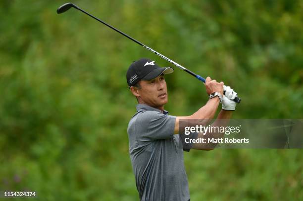 Shigetoshi Hasegawa of Japanhits a tee shot on the 2nd hole during the first round of the Mastercard Japan Championship at Narita Golf Club on June...