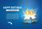60 th years anniversary banner with open burst gift box. Template sixtieth birthday celebration and abstract text on blue background vector illustration
