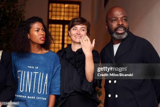 Zohra Opoku, artist, Paloma Varga Weisz, artist, Duro Olowu, artist & fashion designer attend the opening of the Exhibition of contemporary art "The...