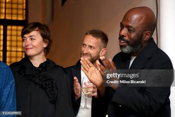 Paloma Varga Weisz, artist, Petrit Halilaj, artist, Duro Olowu, artist & fashion designer attend the opening of the Exhibition of contemporary art...