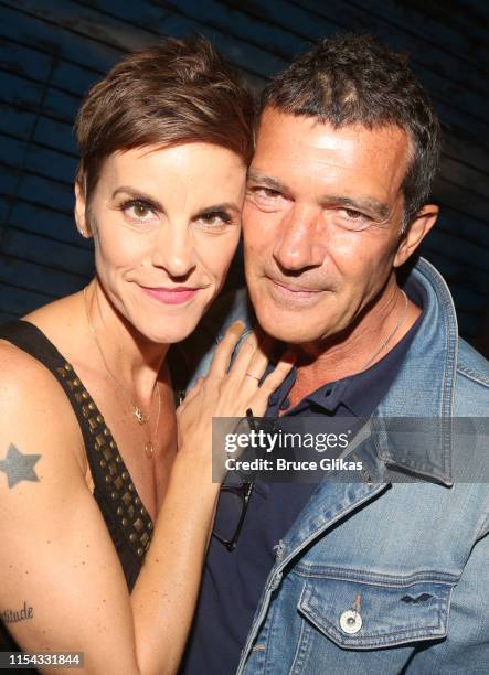 Jenn Colella and Antonio Banderas pose backstage at the hit musical "Come From Away" on Broadway at The Schoenfeld Theatre on June 6, 2019 in New...