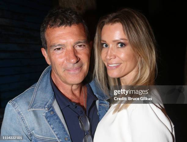 Antonio Banderas and girlfriend Nicole Kimpel pose backstage at the hit musical "Come From Away" on Broadway at The Schoenfeld Theatre on June 6,...