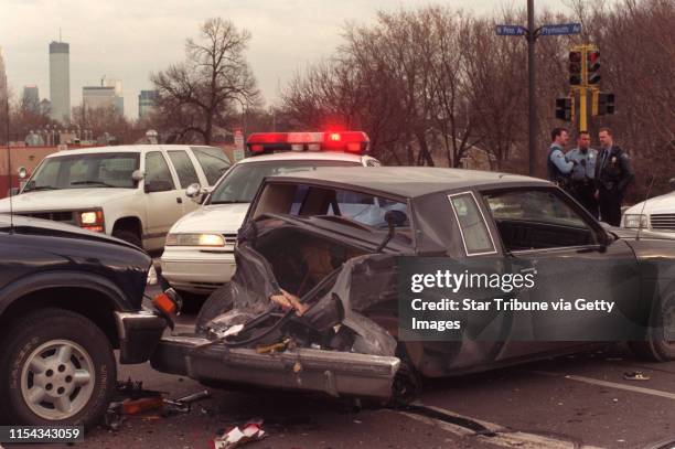 Car accidents at Penn Av. N. And Plymouth Av. Resulting from a man fleeing police after trying to run over an officer. -- Minneapolis, Mn., Thursday,...