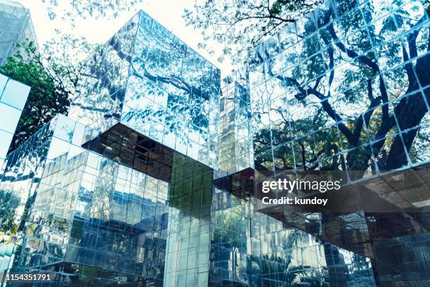 reflection of trees on glass. abstract background. - glass building stock pictures, royalty-free photos & images