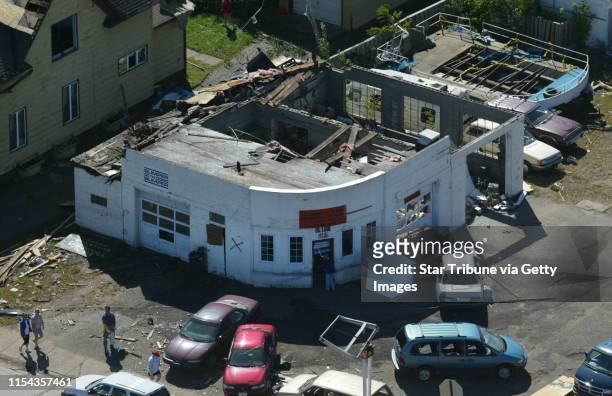 Ladysmith, Wisconsin, Tuesday, 9/3/2002. The roof was blown off a car detailing business after a toronado hit Ladysmith, Wisconsin Monday afternoon...