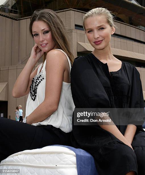 Erin McNaught and Tahyna Tozzi attend a photo call for the Harvey Norman Sleep Number bed. Harvey Norman Executive Chairman Gerry Harvey & Managing...