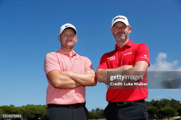 Tom Lewis and Paul Waring of England pose for a portrait during Day One of the GolfSixes at Oitavos Dunes on June 07, 2019 in Cascais, Portugal.