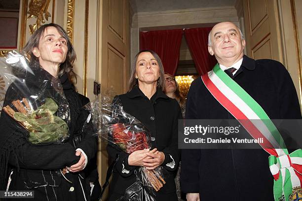 Cristina Pavarotti, Lorenza Pavarotti and Modena Mayor Giorgio Pighi attend the ceremony at which the Modena Communal Theatre was renamed the...