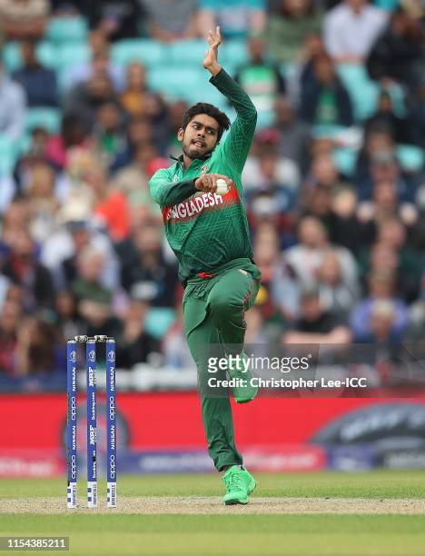 Mehidy Hasan Miraz of Bangladesh bowling during the Group Stage match of the ICC Cricket World Cup 2019 between Bangladesh and New Zealand at The...