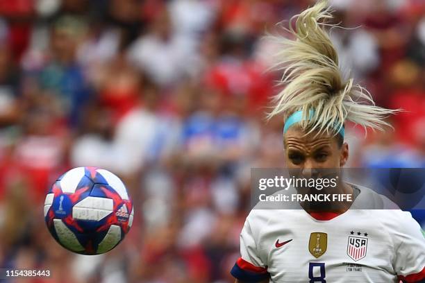 United States' midfielder Julie Ertz plays the ball during the France 2019 Womens World Cup football final match between USA and the Netherlands, on...