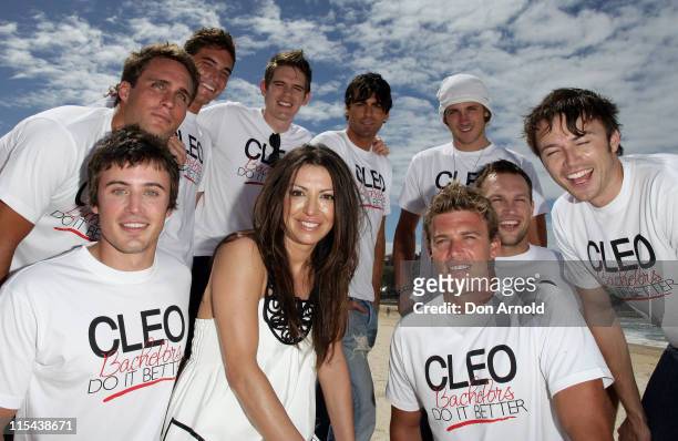 Nedahl Stelio poses with finalists for the 21st Annual Cleo Bachelor of the Year Awards on Bondi Beach on February 18, 2008 in Sydney, Australia.