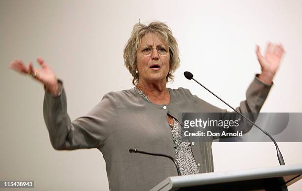 Germaine Greer addresses her audience during a media call at the NSW Teachers Federation Conference Centre on March 13, 2008 in Sydney, Australia.