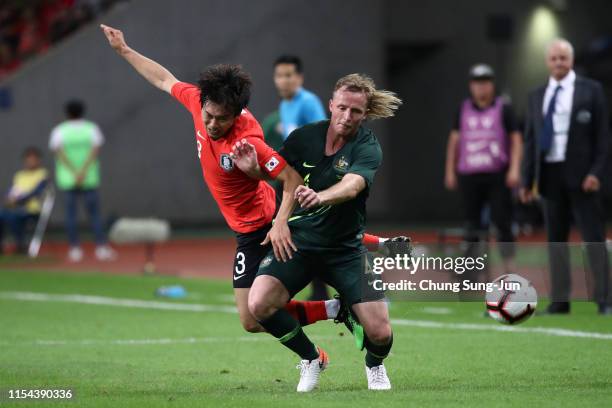 Kim Junsu of South Korea and Rhyan Grant of Australia compete for the ball during the international friendly match between South Korea and Australia...