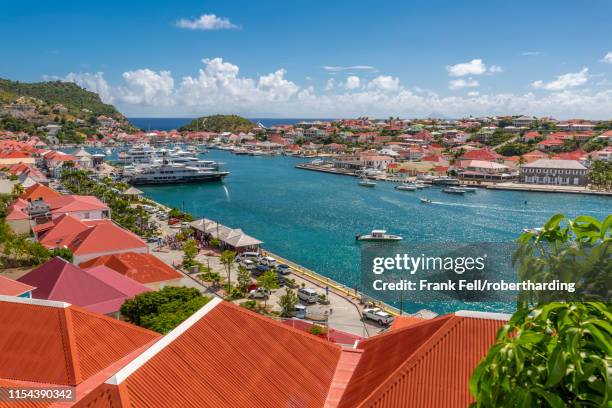 elevated view of the harbour, gustavia, st. barthelemy (st. barts) (st. barth), west indies, caribbean, central america - gustavia harbour stock pictures, royalty-free photos & images