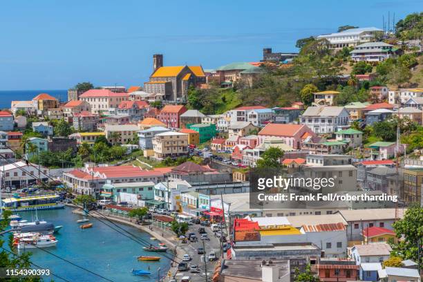 elevated view of the carenage of st. george's, grenada, windward islands, west indies, caribbean, central america - saint georges - fotografias e filmes do acervo