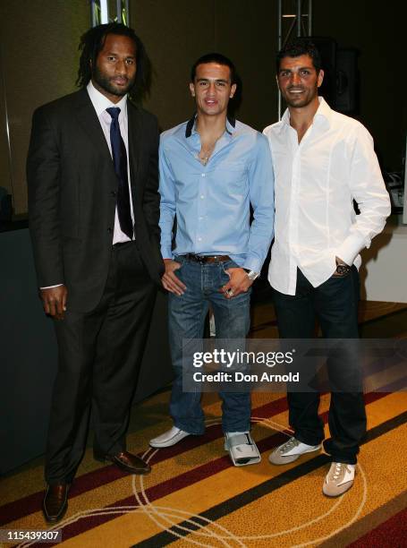 Lote Tuqiri, Tim Cahill and John Aloisi attend the 'Stuff That Rocks' Gift Villa at the Hilton Hotel on April 24, 2008 in Sydney, Australia.