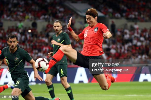 Hwang Uijo of South Korea scores the opening goal during the international friendly match between South Korea and Australia at Busan Asiad Main...