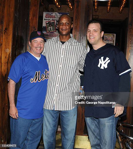 Met fan Vinny Blakla, former New York Mets and New York Yankees star Darryl Strawberry and Yankees fan Russell Katz at the Yankees vs. Mets Subway...