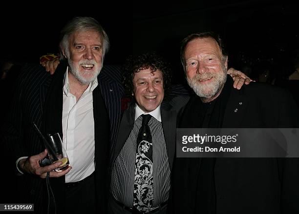 Barry Crocker, Leo Sayer and Jack Thompson pose for a photo during the 60th birthday celebrations for Leo Sayer at the Ivy Hotel on May 21, 2008 in...
