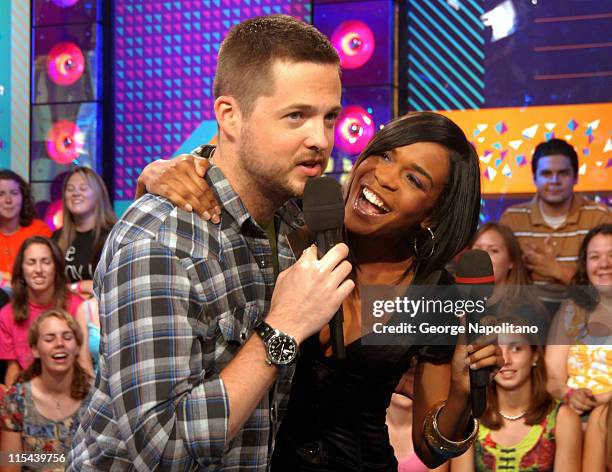 Co-host Damien Fahey and Michelle Williams at MTV's "TRL" on June 16, 2008 at the MTV Studios in Times Square in New York.