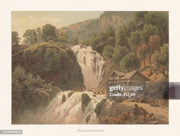 reichenbach falls, bernese oberland, switzerland, chromolithograph, published ca. 1872 - european alps stock illustrations