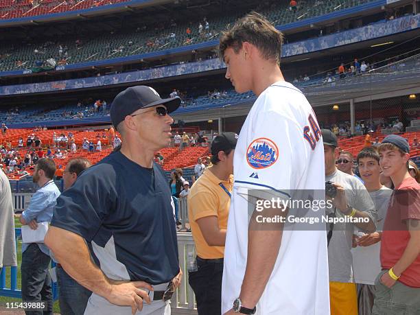 Yankees manager Joe Girardi has a word with New York Knicks first round draft pick Danilio Gallinari on June 28, 2008 at Shea Stadium in Flushing,...