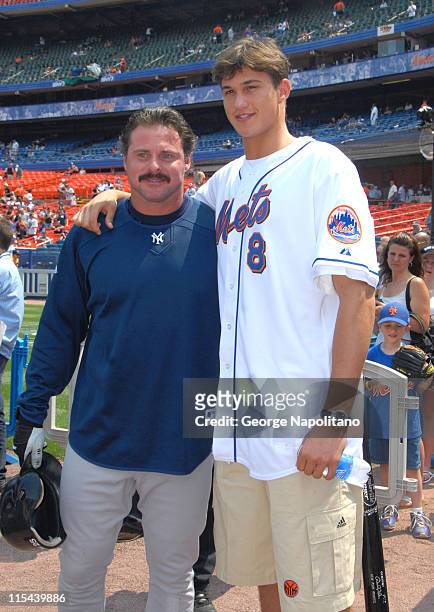 Yankees player Jason Giambi gets together with New York Knicks first round draft pick Danilio Gallinardi on June 28, 2008 at Shea Stadium in...
