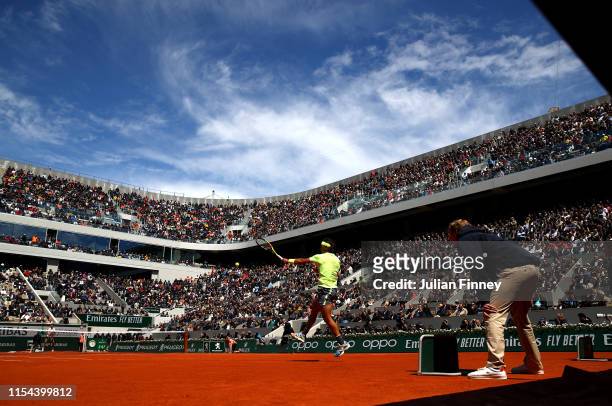 General view as Rafael Nadal of Spain plays a forehand during his mens singles semi-final match against Roger Federer of Switzerland during Day...