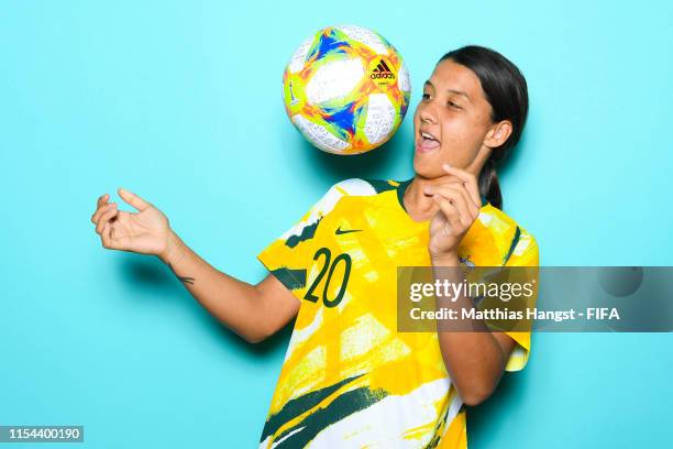 Sam Kerr of Australia poses for a portrait during the official FIFA Women's World Cup 2019 portrait session at Royal Hainaut Spa & Resort Hotel on...